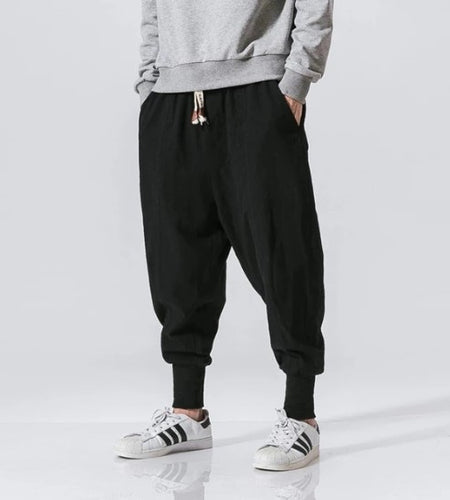 Cotton Linen Harem Pants Men Solid Elastic Waist Streetwear Joggers