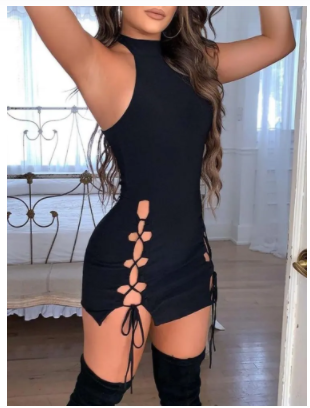 Load image into Gallery viewer, Solid Black Lace-Up Mini Club Dress
