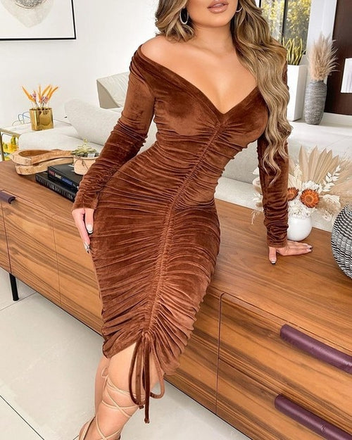 Load image into Gallery viewer, Velvet Drawstring Off Shoulder Midi Dress
