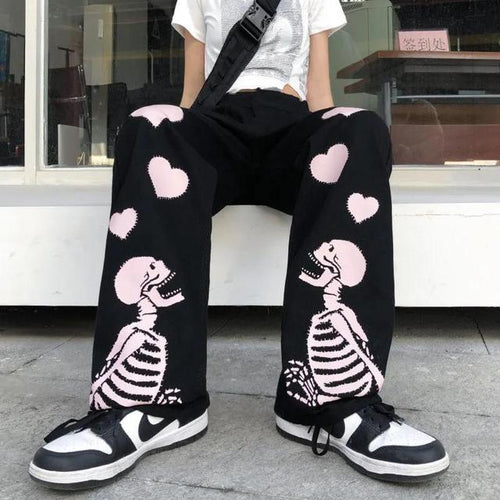 Load image into Gallery viewer, Casual Pants Women Love Skull Bone Print Wide Leg Pants
