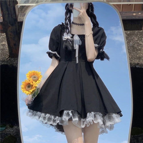 Load image into Gallery viewer, Lace Black Puff Sleeve Short Dress
