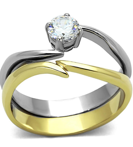 TK1092 - Two-Tone IP Gold (Ion Plating) Stainless Steel Ring with AAA