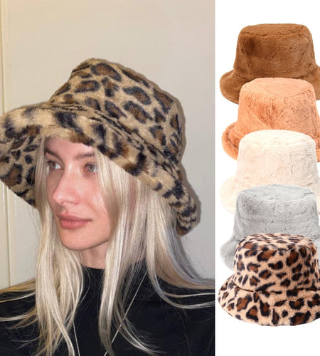 Winter Cow Leopard Faux Fur Fluffy Bucket Hats