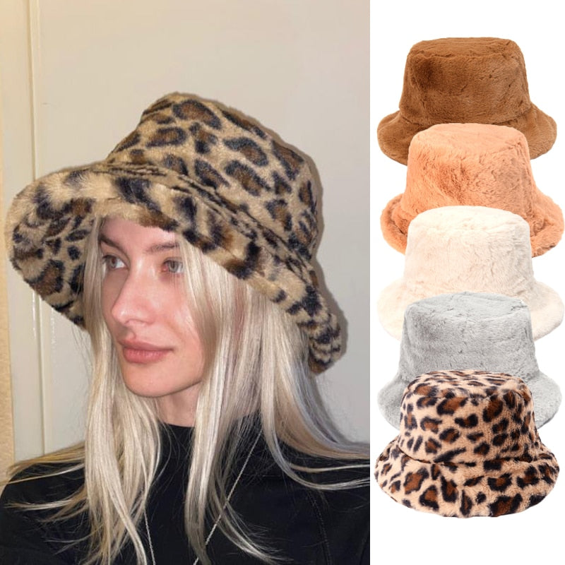 Winter Cow Leopard Faux Fur Fluffy Bucket Hats