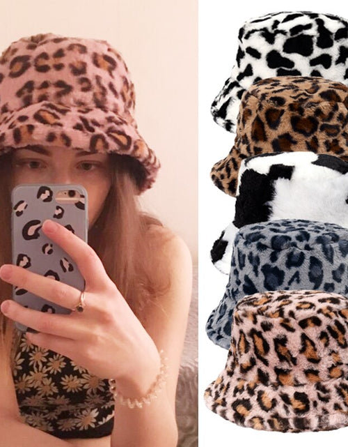 Load image into Gallery viewer, Winter Cow Leopard Faux Fur Fluffy Bucket Hats
