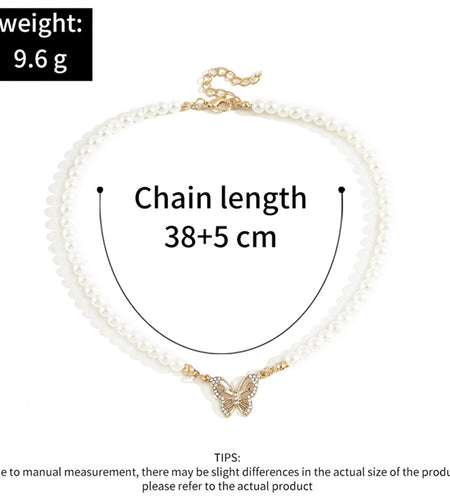 Rhinestone Butterfly Pendant Pearl Necklace