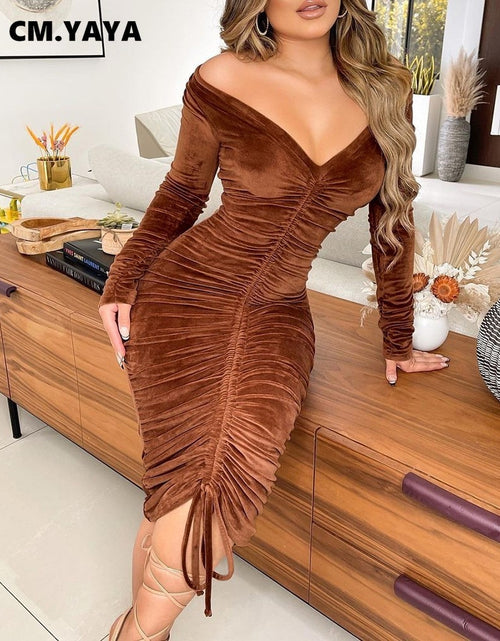 Load image into Gallery viewer, Velvet Drawstring Off Shoulder Midi Dress
