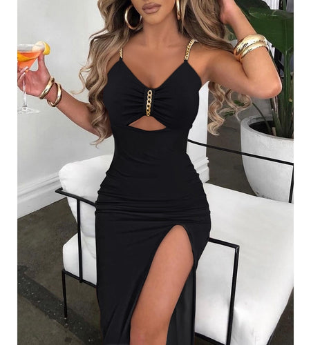V-Neck Chain Décor High Slit Dress
