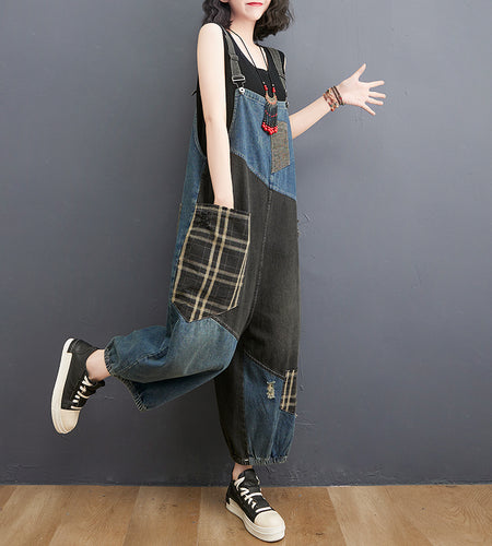 Spring Summer Denim Big Pockets Overall Jumpsuit Sleeveless