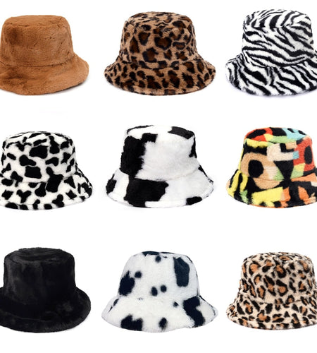 Winter Cow Leopard Faux Fur Fluffy Bucket Hats