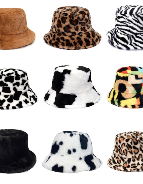 Load image into Gallery viewer, Winter Cow Leopard Faux Fur Fluffy Bucket Hats
