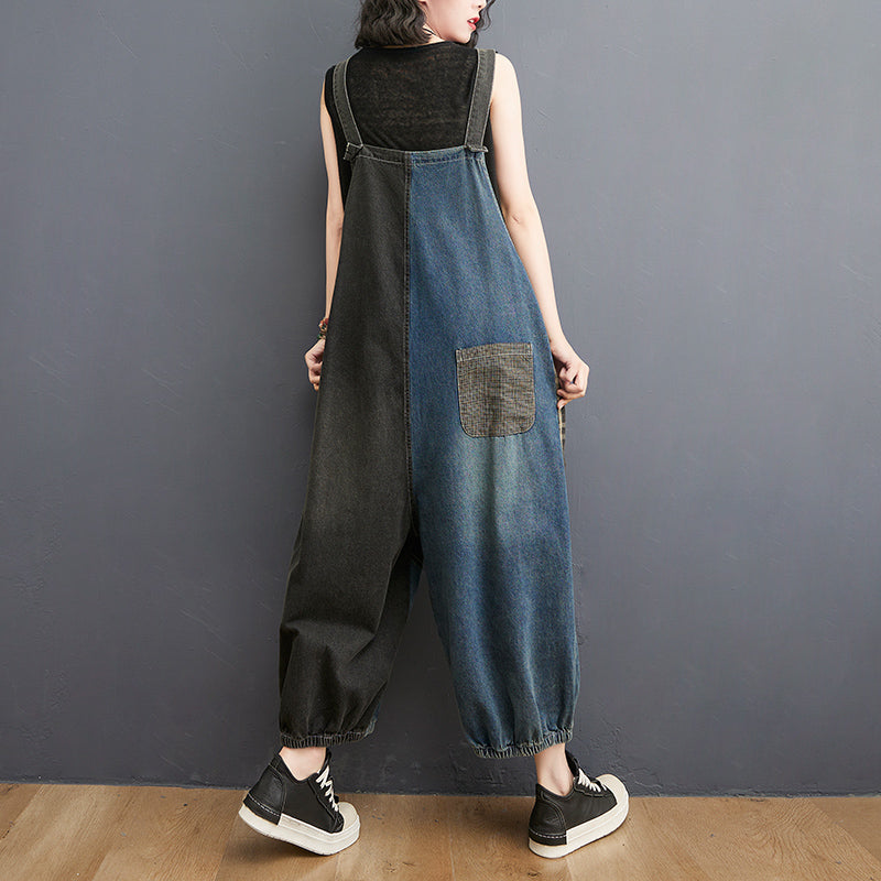 Spring Summer Denim Big Pockets Overall Jumpsuit Sleeveless