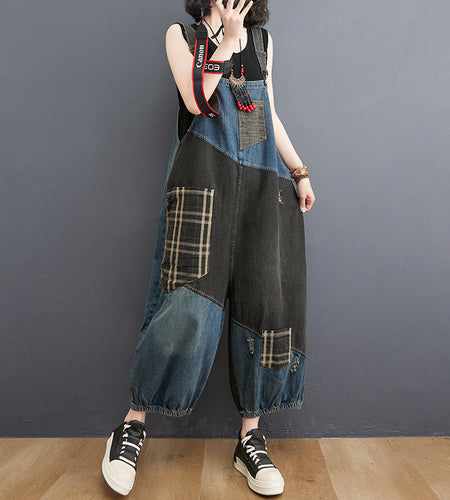 Spring Summer Denim Big Pockets Overall Jumpsuit Sleeveless
