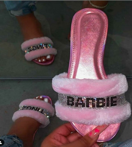 Pink Faux Fur Slides