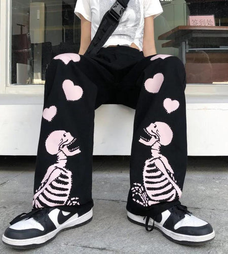 Casual Pants Women Love Skull Bone Print Wide Leg Pants