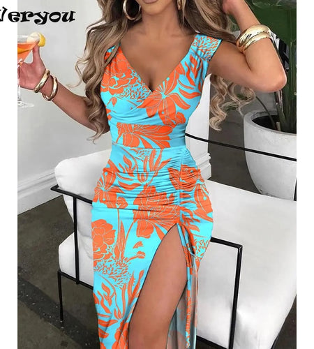 Summer V-Neck Vintage Flower Print Dress