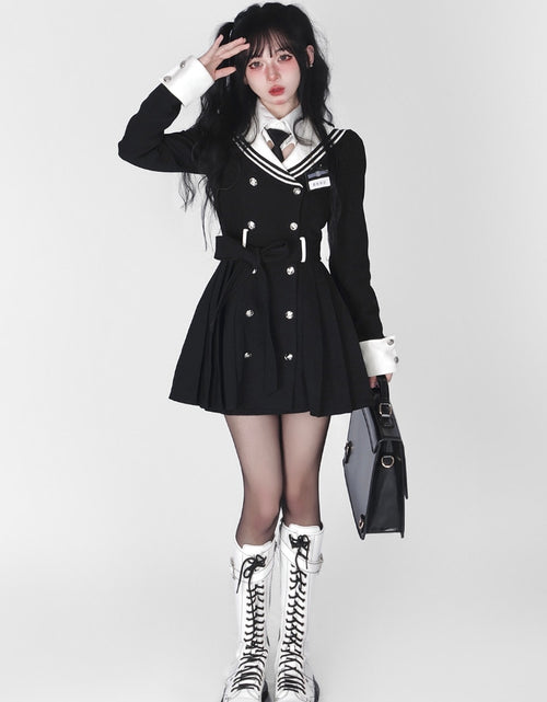 Load image into Gallery viewer, Navy Collar Korean Style Mini Dress
