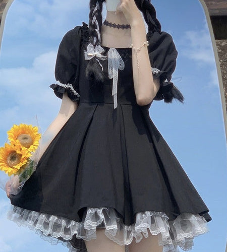 Lace Black Puff Sleeve Short Dress