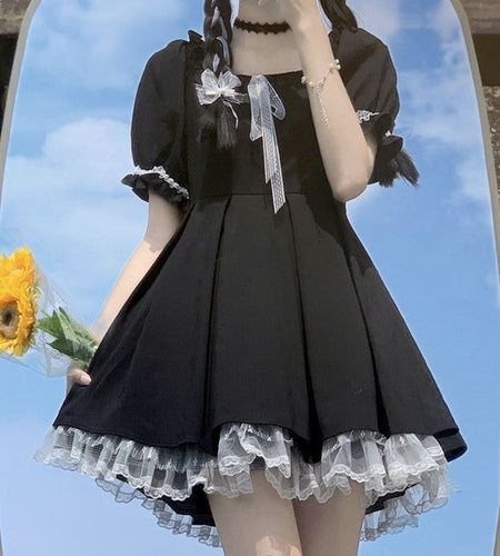 Lace Black Puff Sleeve Short Dress