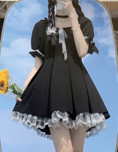 Load image into Gallery viewer, Lace Black Puff Sleeve Short Dress
