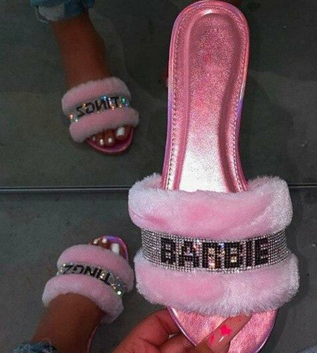 Pink Faux Fur Slides