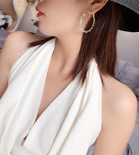 Shiny Screw Crystal Round Hoop Earrings