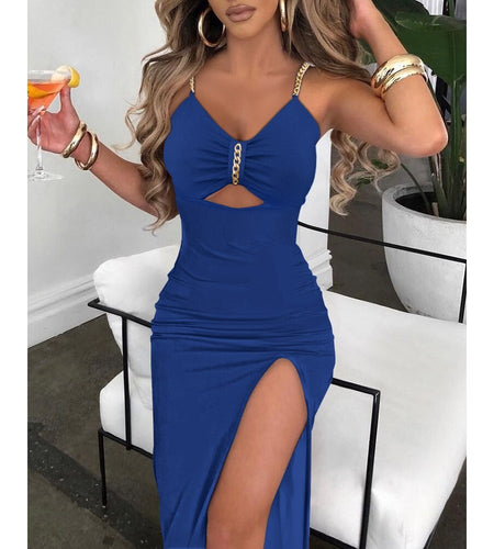 V-Neck Chain Décor High Slit Dress