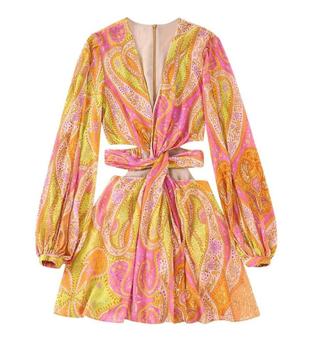 Women Vintage V Neck Mini Dress