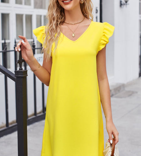 Ruffled V-Neck Flutter Sleeve Dress