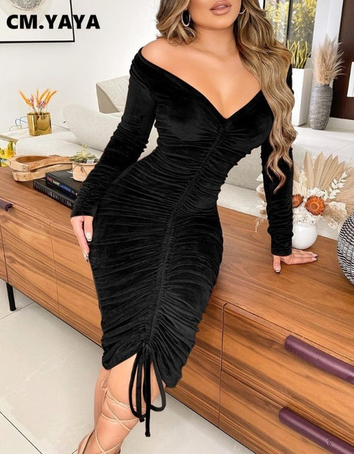 Load image into Gallery viewer, Velvet Drawstring Off Shoulder Midi Dress
