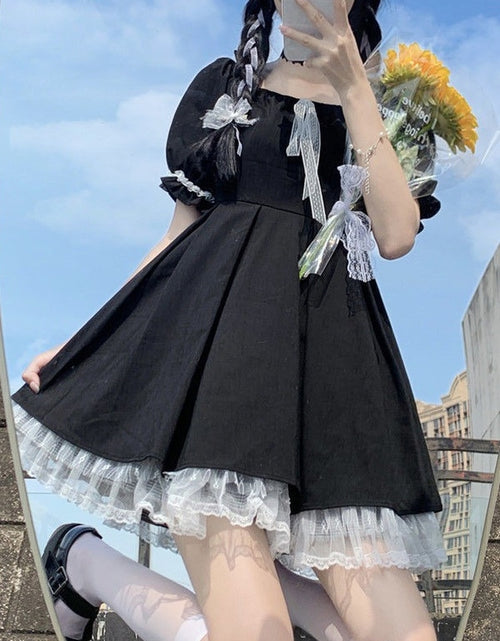 Load image into Gallery viewer, Lace Black Puff Sleeve Short Dress
